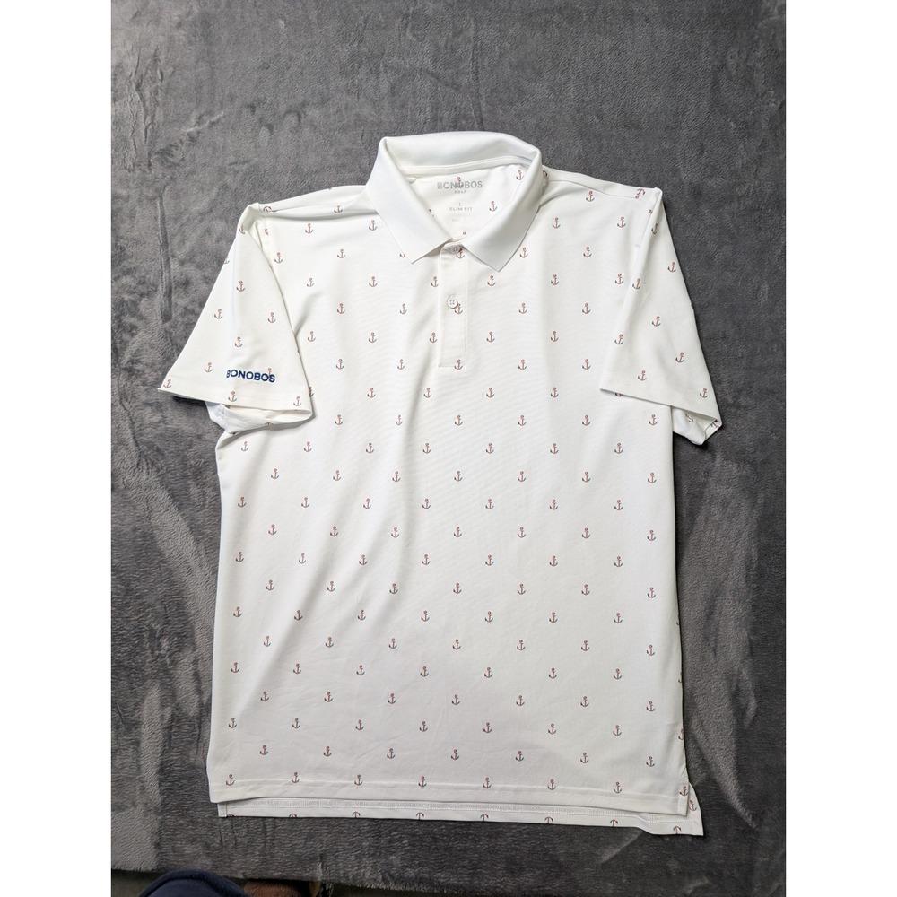 Bonobos Golf Mens Slim Fit Anchor Print Polo Shirt White Short Sleeve Large